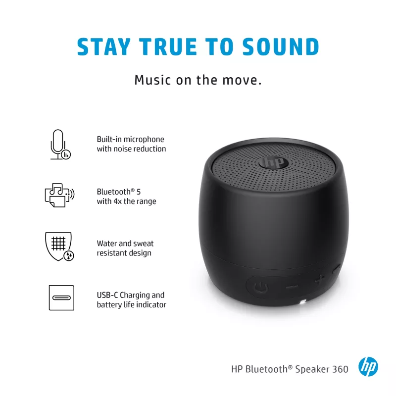 HP Czarny Głośnik Bluetooth 360, Przewodowy i Bezprzewodowy, Mono głośnik przenośny, Czarny, Cylinder, Przyciski, Uniwersalny