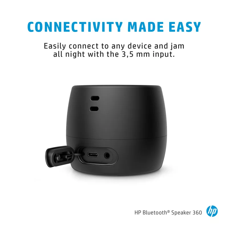 HP Czarny Głośnik Bluetooth 360, Przewodowy i Bezprzewodowy, Mono głośnik przenośny, Czarny, Cylinder, Przyciski, Uniwersalny