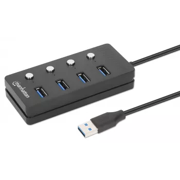 Koncentrator USB-C Manhattan, porty (x4) z przełącznikiem wł./wył. dla każdego portu: USB-A (x4), 5 Gb/s (USB 3.2 Gen1 znane jako USB 3.0), uniwersalny dla wszystkich urządzeń, zasilany z magistrali lub sieciowo (opcjonalne gniazdo, nie dołączone), kabel 1,5 m, SuperSpeed USB, czarny, trzyletnia gwarancja