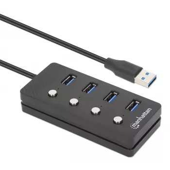 Koncentrator USB-C Manhattan, porty (x4) z przełącznikiem wł./wył. dla każdego portu: USB-A (x4), 5 Gb/s (USB 3.2 Gen1 znane jako USB 3.0), uniwersalny dla wszystkich urządzeń, zasilany z magistrali lub sieciowo (opcjonalne gniazdo, nie dołączone), kabel 1,5 m, SuperSpeed USB, czarny, trzyletnia gwarancja