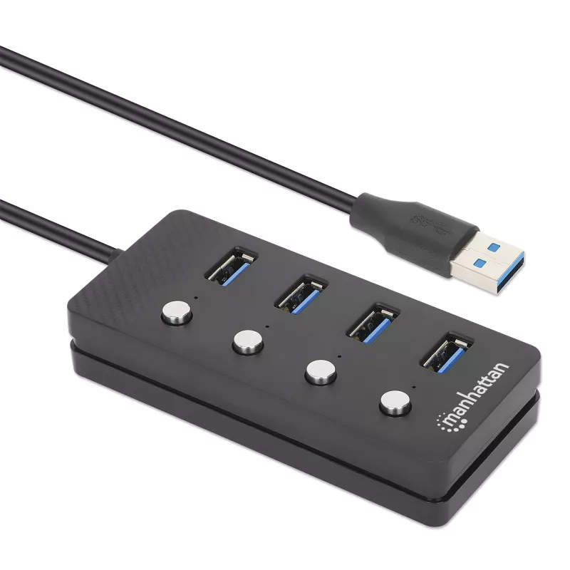 Koncentrator USB-C Manhattan, porty (x4) z przełącznikiem wł./wył. dla każdego portu: USB-A (x4), 5 Gb/s (USB 3.2 Gen1 znane jako USB 3.0), uniwersalny dla wszystkich urządzeń, zasilany z magistrali lub sieciowo (opcjonalne gniazdo, nie dołączone), kabel 1,5 m, SuperSpeed USB, czarny, trzyletnia gwarancja