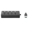 Koncentrator USB-C Manhattan, porty (x4) z przełącznikiem wł./wył. dla każdego portu: USB-A (x4), 5 Gb/s (USB 3.2 Gen1 znane jako USB 3.0), uniwersalny dla wszystkich urządzeń, zasilany z magistrali lub sieciowo (opcjonalne gniazdo, nie dołączone), kabel 1,5 m, SuperSpeed USB, czarny, trzyletnia gwarancja