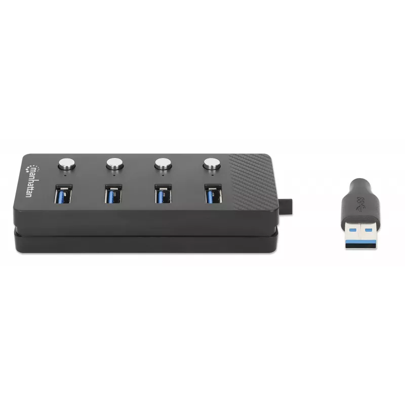 Koncentrator USB-C Manhattan, porty (x4) z przełącznikiem wł./wył. dla każdego portu: USB-A (x4), 5 Gb/s (USB 3.2 Gen1 znane jako USB 3.0), uniwersalny dla wszystkich urządzeń, zasilany z magistrali lub sieciowo (opcjonalne gniazdo, nie dołączone), kabel 1,5 m, SuperSpeed USB, czarny, trzyletnia gwarancja