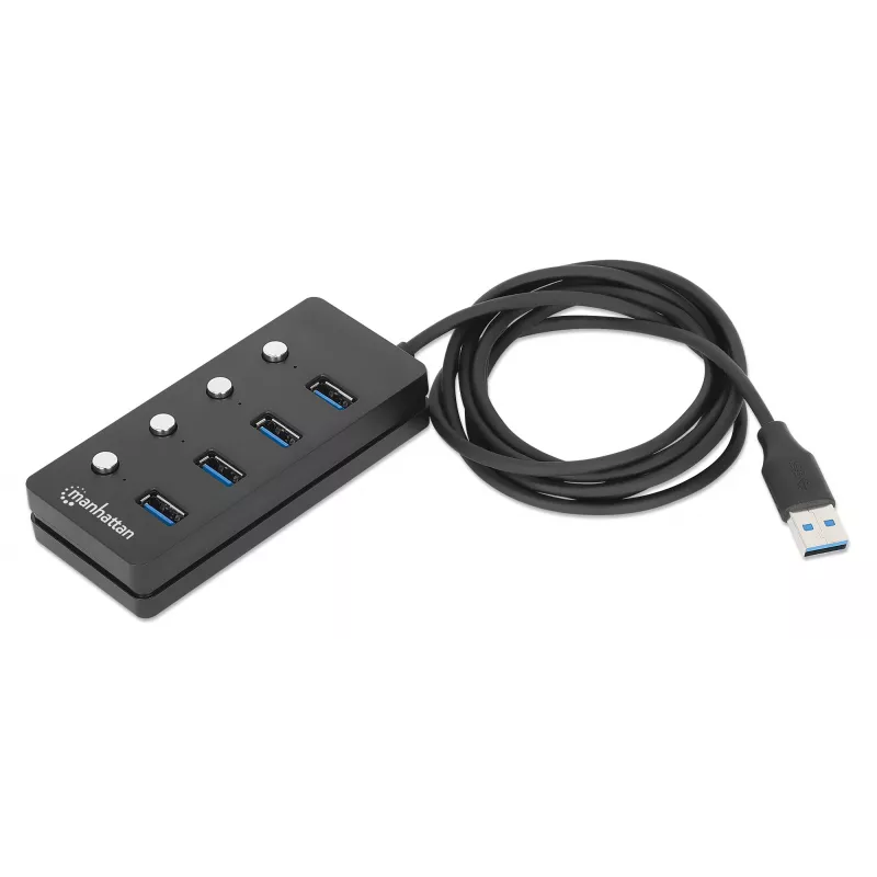 Koncentrator USB-C Manhattan, porty (x4) z przełącznikiem wł./wył. dla każdego portu: USB-A (x4), 5 Gb/s (USB 3.2 Gen1 znane jako USB 3.0), uniwersalny dla wszystkich urządzeń, zasilany z magistrali lub sieciowo (opcjonalne gniazdo, nie dołączone), kabel 1,5 m, SuperSpeed USB, czarny, trzyletnia gwarancja