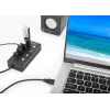Koncentrator USB-C Manhattan, porty (x4) z przełącznikiem wł./wył. dla każdego portu: USB-A (x4), 5 Gb/s (USB 3.2 Gen1 znane jako USB 3.0), uniwersalny dla wszystkich urządzeń, zasilany z magistrali lub sieciowo (opcjonalne gniazdo, nie dołączone), kabel 1,5 m, SuperSpeed USB, czarny, trzyletnia gwarancja