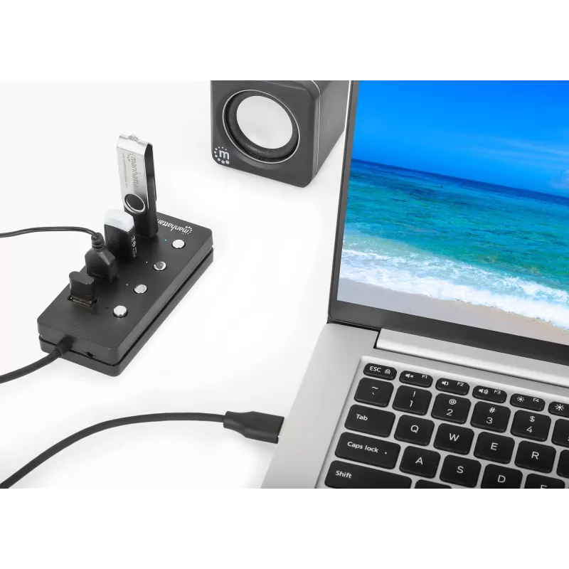 Koncentrator USB-C Manhattan, porty (x4) z przełącznikiem wł./wył. dla każdego portu: USB-A (x4), 5 Gb/s (USB 3.2 Gen1 znane jako USB 3.0), uniwersalny dla wszystkich urządzeń, zasilany z magistrali lub sieciowo (opcjonalne gniazdo, nie dołączone), kabel 1,5 m, SuperSpeed USB, czarny, trzyletnia gwarancja