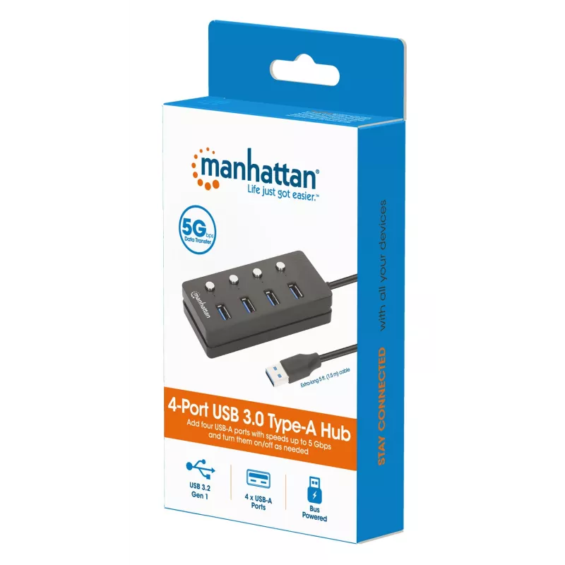 Koncentrator USB-C Manhattan, porty (x4) z przełącznikiem wł./wył. dla każdego portu: USB-A (x4), 5 Gb/s (USB 3.2 Gen1 znane jako USB 3.0), uniwersalny dla wszystkich urządzeń, zasilany z magistrali lub sieciowo (opcjonalne gniazdo, nie dołączone), kabel 1,5 m, SuperSpeed USB, czarny, trzyletnia gwarancja