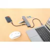 Hub/stacja dokująca Manhattan USB-C, Porty (x7): USB-A (x3) i USB-C (x4), z Power Delivery (PD) 100 W – wymaga zewnętrznej ładowarki USB-C (nie dołączono). Zasilany przez USB (nie wymaga zewnętrznego zasilacza), gdy PD nie jest używane, Aluminium