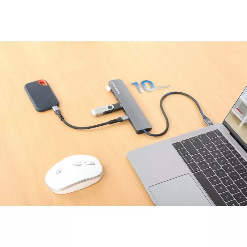 Hub/stacja dokująca Manhattan USB-C, Porty (x7): USB-A (x3) i USB-C (x4), z Power Delivery (PD) 100 W – wymaga zewnętrznej ładowarki USB-C (nie dołączono). Zasilany przez USB (nie wymaga zewnętrznego zasilacza), gdy PD nie jest używane, Aluminium