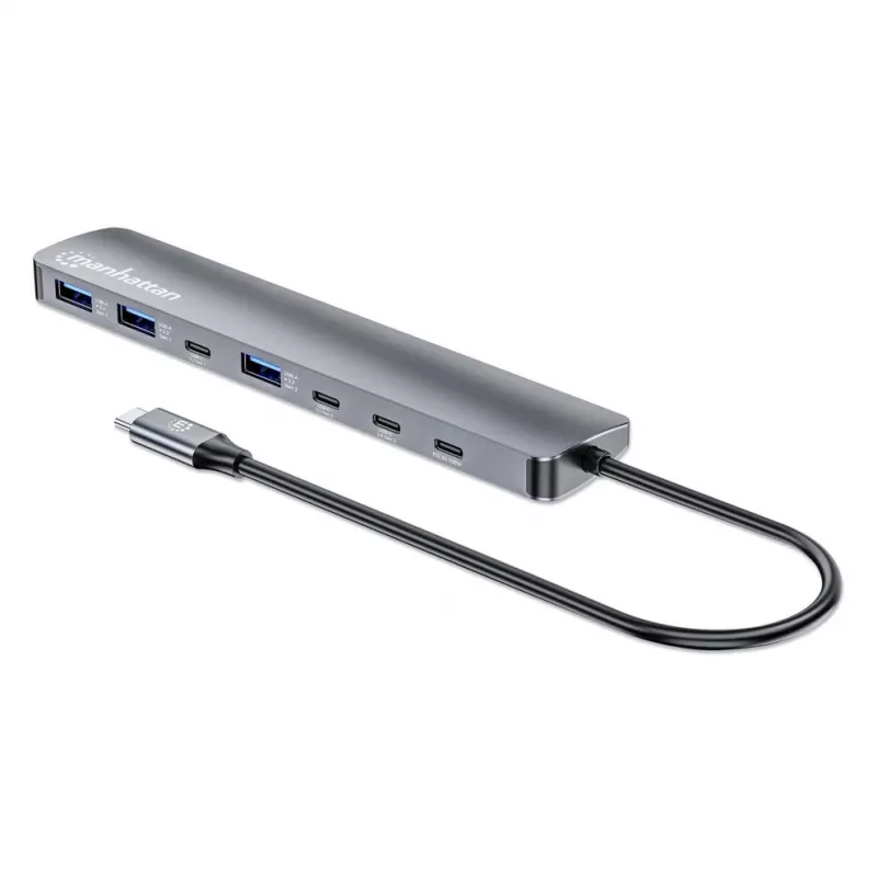 Hub/stacja dokująca Manhattan USB-C, Porty (x7): USB-A (x3) i USB-C (x4), z Power Delivery (PD) 100 W – wymaga zewnętrznej ładowarki USB-C (nie dołączono). Zasilany przez USB (nie wymaga zewnętrznego zasilacza), gdy PD nie jest używane, Aluminium