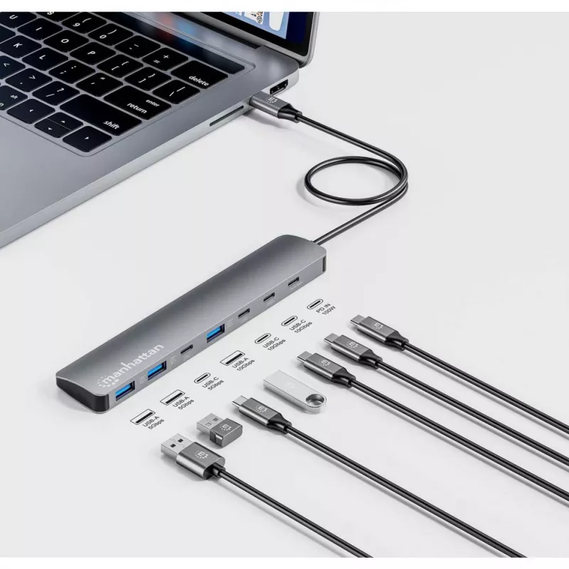 Hub/stacja dokująca Manhattan USB-C, Porty (x7): USB-A (x3) i USB-C (x4), z Power Delivery (PD) 100 W – wymaga zewnętrznej ładowarki USB-C (nie dołączono). Zasilany przez USB (nie wymaga zewnętrznego zasilacza), gdy PD nie jest używane, Aluminium