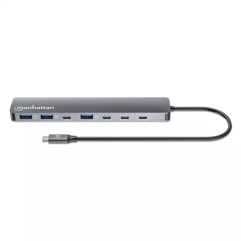 Hub/stacja dokująca Manhattan USB-C, Porty (x7): USB-A (x3) i USB-C (x4), z Power Delivery (PD) 100 W – wymaga zewnętrznej ładowarki USB-C (nie dołączono). Zasilany przez USB (nie wymaga zewnętrznego zasilacza), gdy PD nie jest używane, Aluminium