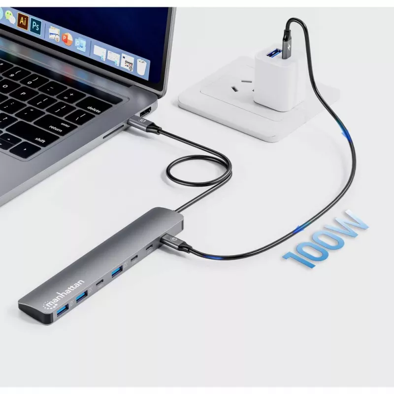 Hub/stacja dokująca Manhattan USB-C, Porty (x7): USB-A (x3) i USB-C (x4), z Power Delivery (PD) 100 W – wymaga zewnętrznej ładowarki USB-C (nie dołączono). Zasilany przez USB (nie wymaga zewnętrznego zasilacza), gdy PD nie jest używane, Aluminium