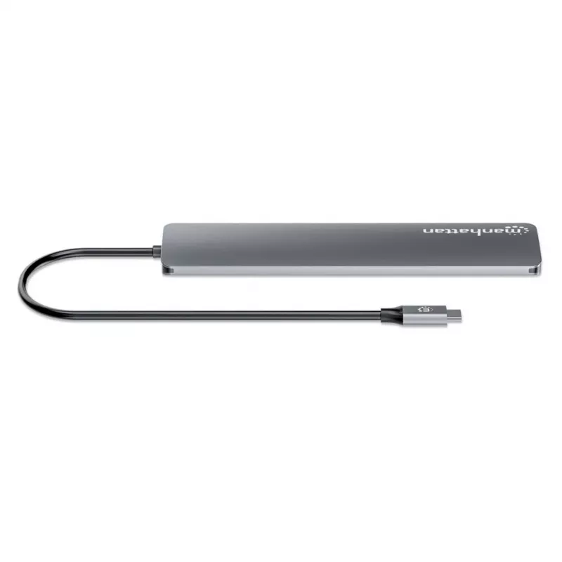 Hub/stacja dokująca Manhattan USB-C, Porty (x7): USB-A (x3) i USB-C (x4), z Power Delivery (PD) 100 W – wymaga zewnętrznej ładowarki USB-C (nie dołączono). Zasilany przez USB (nie wymaga zewnętrznego zasilacza), gdy PD nie jest używane, Aluminium