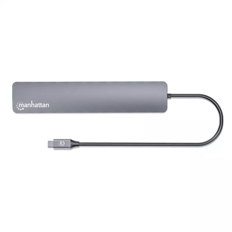 Hub/stacja dokująca Manhattan USB-C, Porty (x7): USB-A (x3) i USB-C (x4), z Power Delivery (PD) 100 W – wymaga zewnętrznej ładowarki USB-C (nie dołączono). Zasilany przez USB (nie wymaga zewnętrznego zasilacza), gdy PD nie jest używane, Aluminium