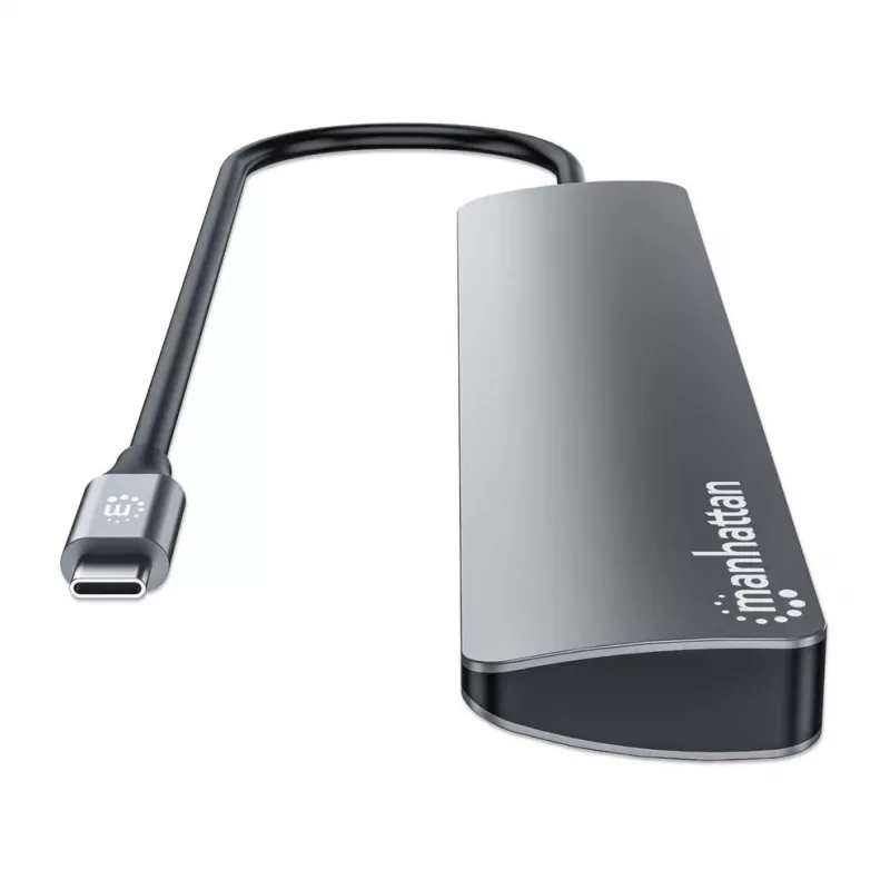 Hub/stacja dokująca Manhattan USB-C, Porty (x7): USB-A (x3) i USB-C (x4), z Power Delivery (PD) 100 W – wymaga zewnętrznej ładowarki USB-C (nie dołączono). Zasilany przez USB (nie wymaga zewnętrznego zasilacza), gdy PD nie jest używane, Aluminium