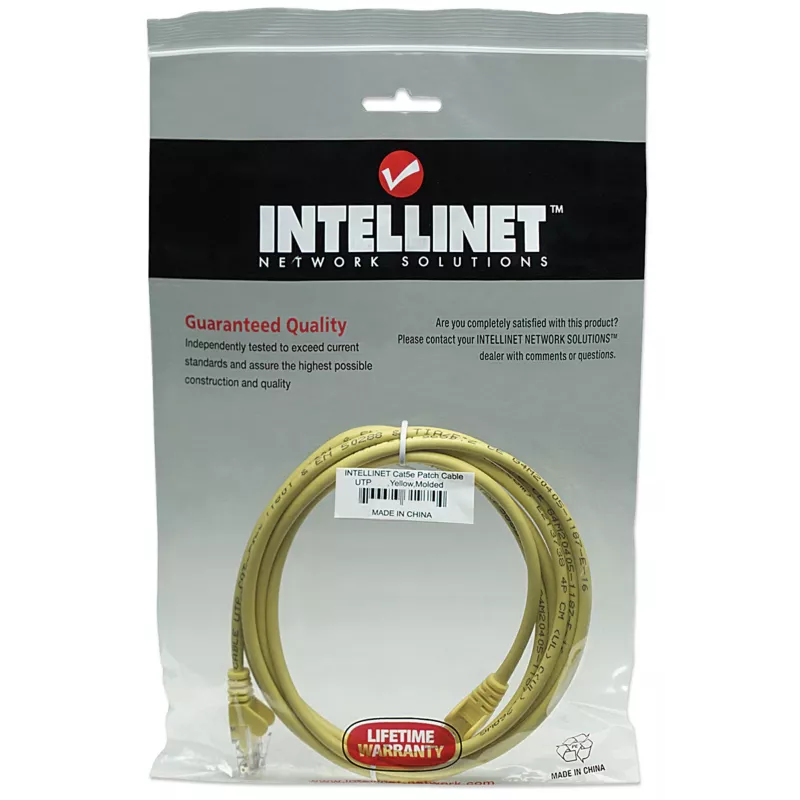 Intellinet sieciowy kabel krosowy, Cat5e, 1 m, żółty, CCA, U/UTP, PVC, RJ45, pozłacane styki, bezzaczepowy, osłonięty, Dożywotnia gwarancja