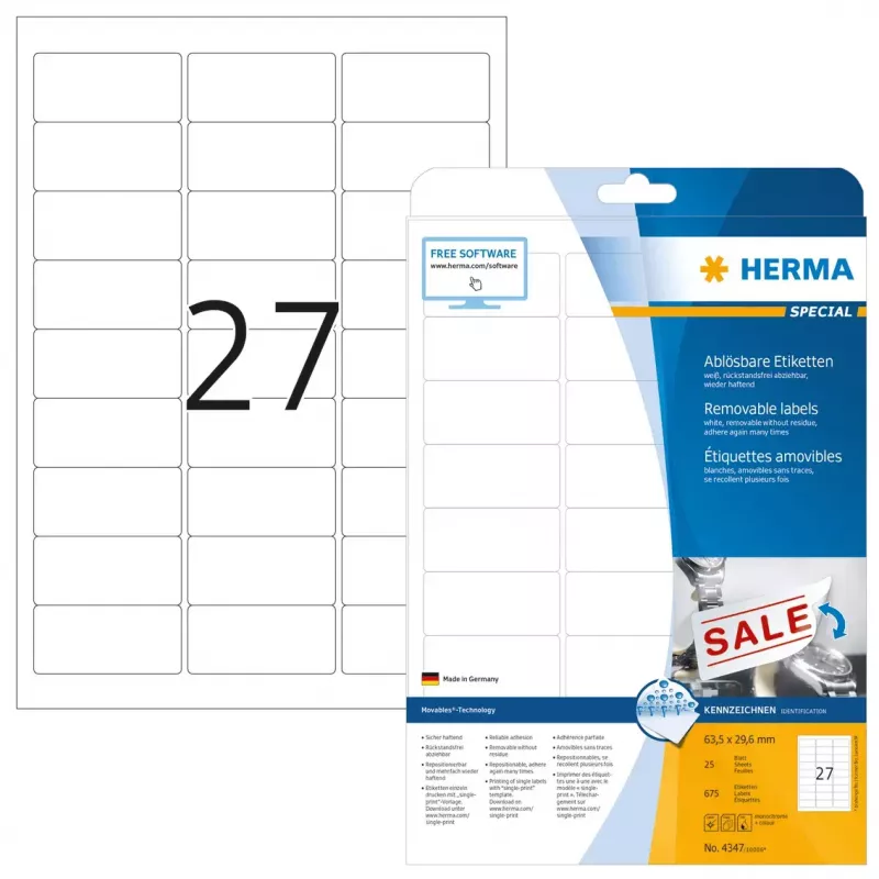 Samoprzylepne etykiety do drukarek HERMA Removable labels A4 63,5x29,6 mm