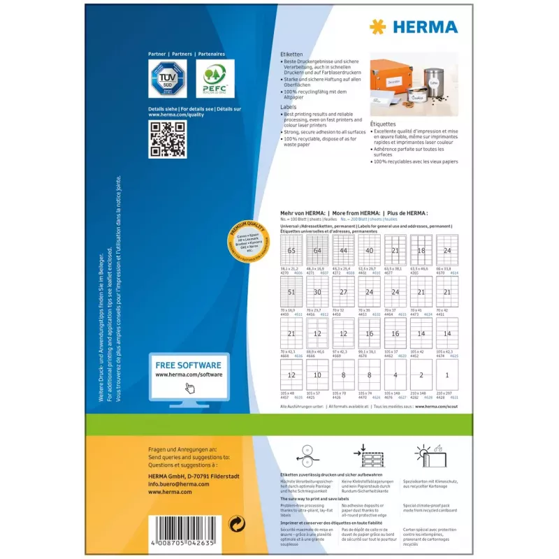 Samoprzylepne etykiety do drukarek HERMA Premium A4 70x33,8 mm 2400 szt.