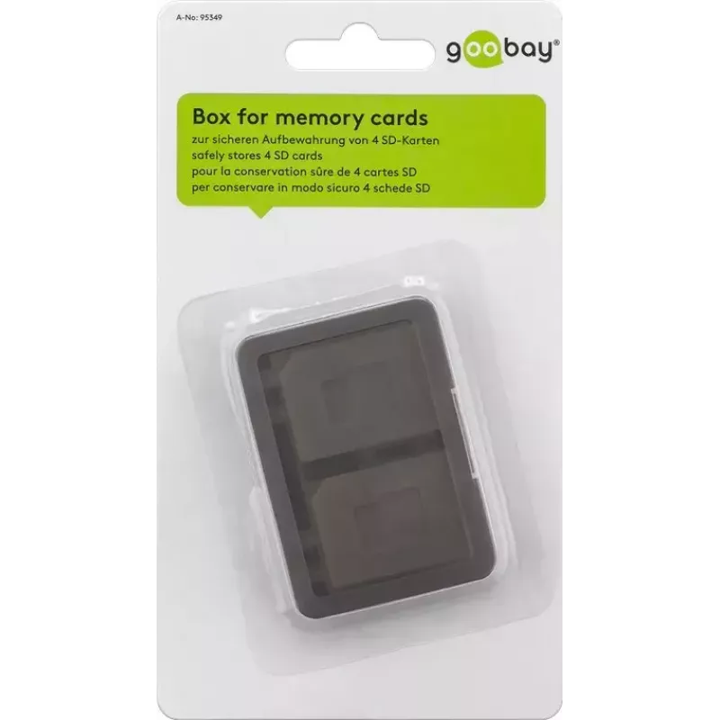 Pudełko do przechowywania kart pamięci GOOBAY 95349 — mieści 4 karty, kompatybilne z SD/MicroSD/MMC, szary przezroczysty plastik