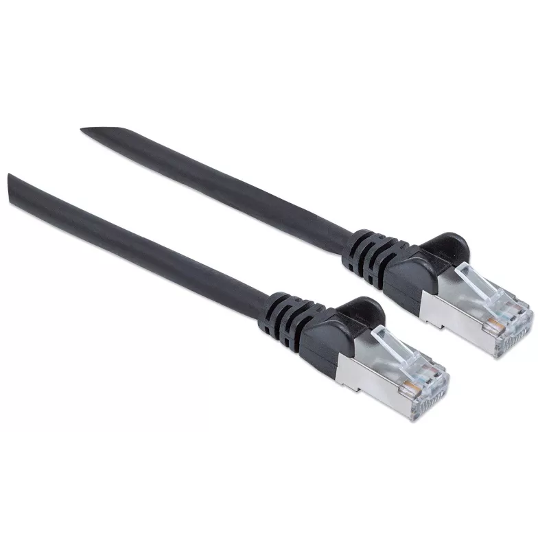 Intellinet Kabel krosowy sieciowy, Cat6, 0,5 m, czarny, miedź, S/FTP, LSOH / LSZH, PVC, RJ45, pozłacane styki, zabezpieczenie przed przypadkowym zahaczeniem, osłona wtyczki, dożywotnia gwarancja
