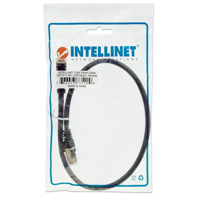 Intellinet Kabel krosowy sieciowy, Cat6, 0,5 m, czarny, miedź, S/FTP, LSOH / LSZH, PVC, RJ45, pozłacane styki, zabezpieczenie przed przypadkowym zahaczeniem, osłona wtyczki, dożywotnia gwarancja