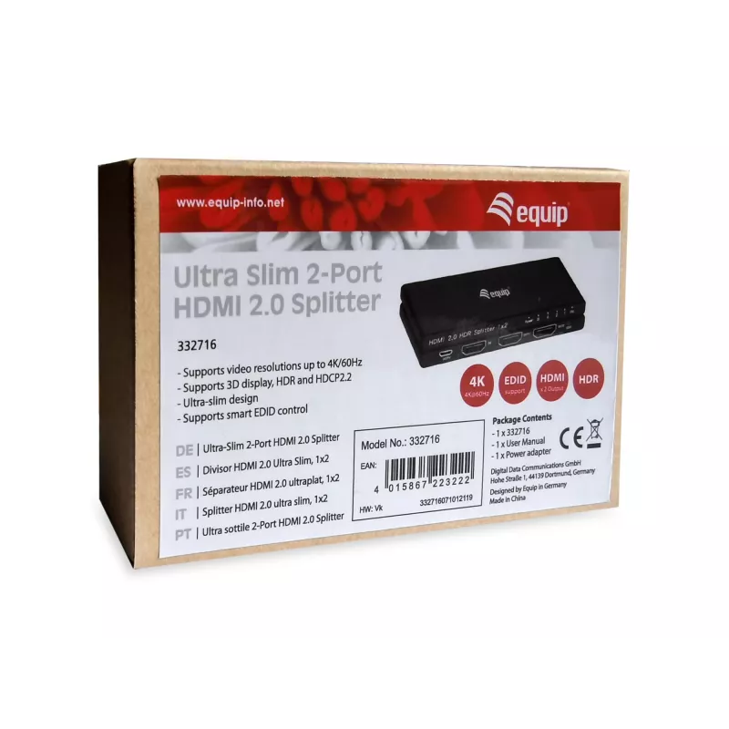 Equip Ultra cienki 2-Port HDMI 2.0 Splitter