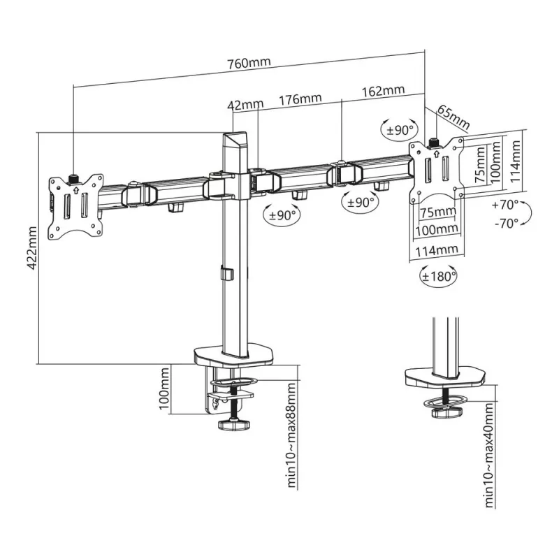 ACT Podwójne ramię do monitora, biurkowe, srebrne, zacisk/przelotka, 18 kg, 17–32 cale