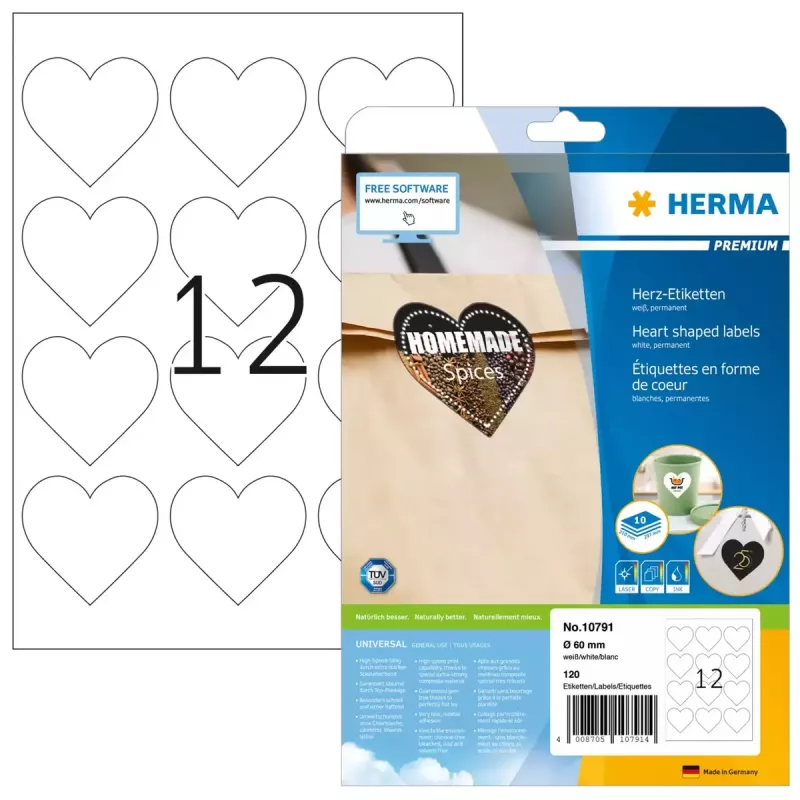 HERMA 10791 etykiety samoprzylepne Serce Trwałe Białe 120 szt.