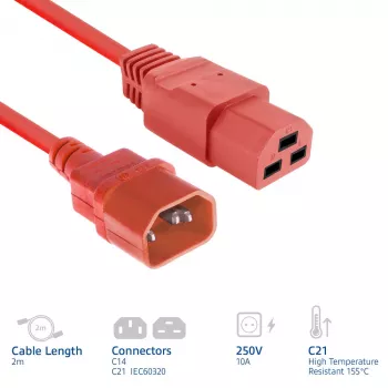 Kabel zasilający ACT C14 do C21 IEC60320, czerwony, 2 m, 250 V 10 A