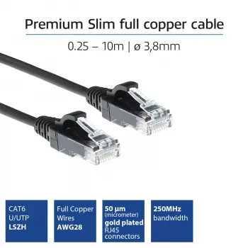 ACT Czarny 1,5-metrowy kabel krosowy LSZH U/UTP CAT6 slimline do centrów danych z bezopaskowymi złączami RJ45