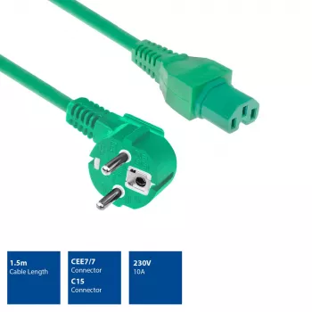 ACT Powercord przewód zasilający CEE 7/7 męski (kątowy) - C15 zielony 1,5 m