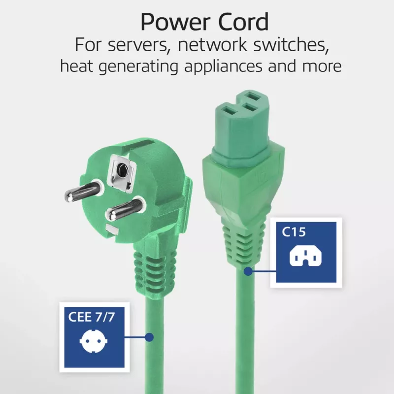 ACT Powercord przewód zasilający CEE 7/7 męski (kątowy) - C15 zielony 1,5 m