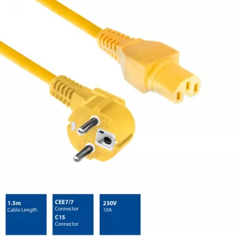 ACT Powercord złącze sieciowe CEE 7/7 męskie (kątowe) - C15 żółty 1,5 m