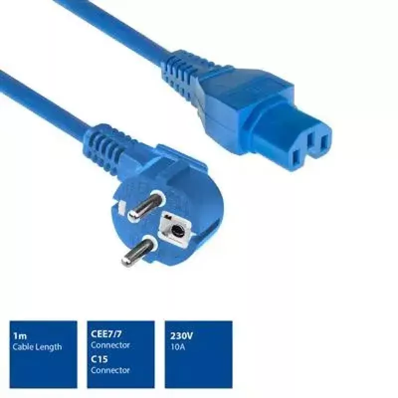 ACT Powercord przewód zasilający CEE 7/7 męski (kątowy) - C15 niebieski 1 m