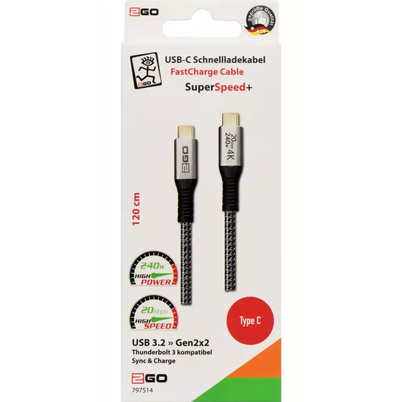 Kabel USB 2GO 797514 USB 3.2 Gen 2x2 1.2 m USB-C Czarny Srebrny