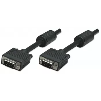 Kabel monitorowy Manhattan VGA (z rdzeniami ferrytowymi), 15 m, czarny, męski na męski, HD15, kabel o wyższej specyfikacji SVGA (w pełni kompatybilny), ekranowanie z rdzeniami ferrytowymi pomaga zminimalizować zakłócenia EMI dla lepszej transmisji obrazu, dożywotnia gwarancja