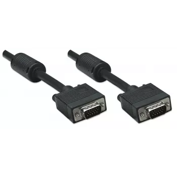 Kabel monitorowy Manhattan VGA (z rdzeniami ferrytowymi), 15 m, czarny, męski na męski, HD15, kabel o wyższej specyfikacji SVGA (w pełni kompatybilny), ekranowanie z rdzeniami ferrytowymi pomaga zminimalizować zakłócenia EMI dla lepszej transmisji obrazu, dożywotnia gwarancja