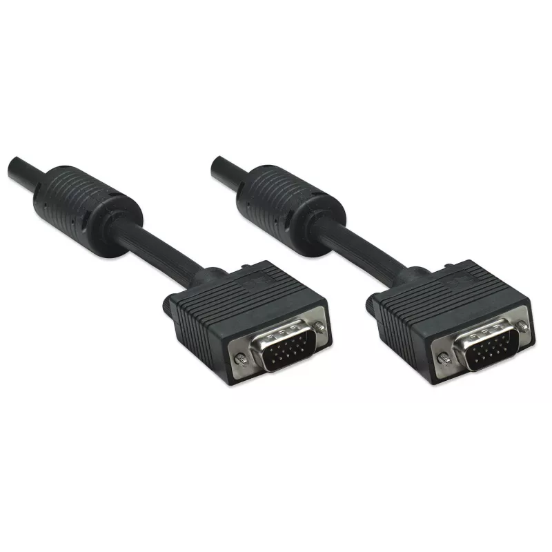 Kabel monitorowy Manhattan VGA (z rdzeniami ferrytowymi), 15 m, czarny, męski na męski, HD15, kabel o wyższej specyfikacji SVGA (w pełni kompatybilny), ekranowanie z rdzeniami ferrytowymi pomaga zminimalizować zakłócenia EMI dla lepszej transmisji obrazu, dożywotnia gwarancja