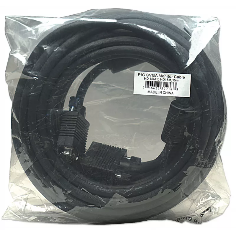 Kabel monitorowy Manhattan VGA (z rdzeniami ferrytowymi), 15 m, czarny, męski na męski, HD15, kabel o wyższej specyfikacji SVGA (w pełni kompatybilny), ekranowanie z rdzeniami ferrytowymi pomaga zminimalizować zakłócenia EMI dla lepszej transmisji obrazu, dożywotnia gwarancja