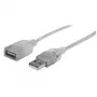 Manhattan Kabel przedłużający USB-A do USB-A, 1,8 m, męski na żeński, 480 Mb/s (USB 2.0), Hi-Speed USB, półprzezroczysty srebrny, dożywotnia gwarancja