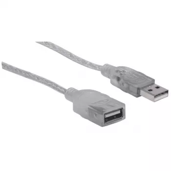 Manhattan Kabel przedłużający USB-A do USB-A, 1,8 m, męski na żeński, 480 Mb/s (USB 2.0), Hi-Speed USB, półprzezroczysty srebrny, dożywotnia gwarancja