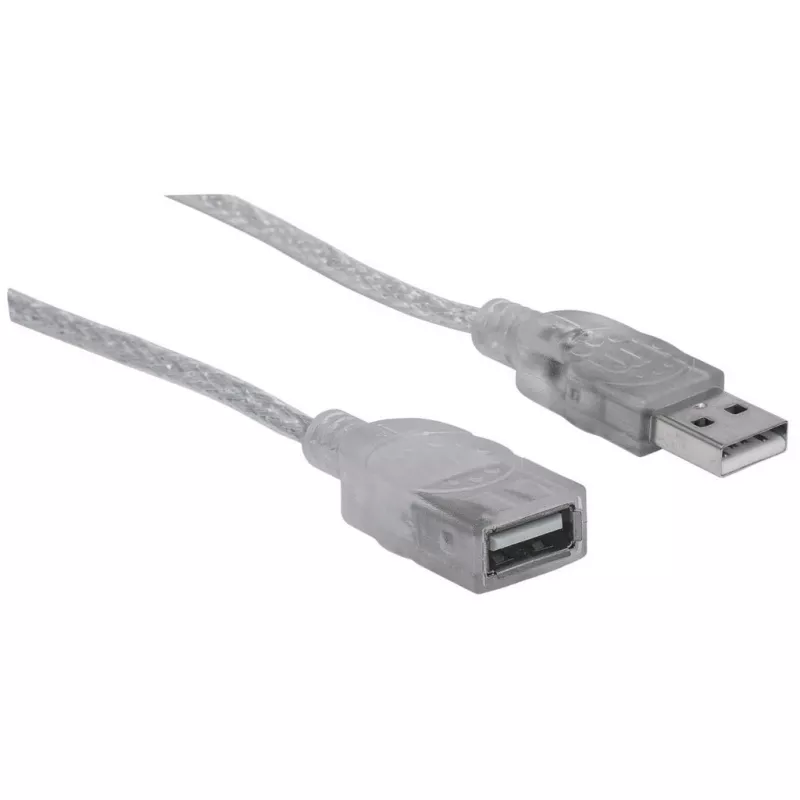 Manhattan Kabel przedłużający USB-A do USB-A, 1,8 m, męski na żeński, 480 Mb/s (USB 2.0), Hi-Speed USB, półprzezroczysty srebrny, dożywotnia gwarancja
