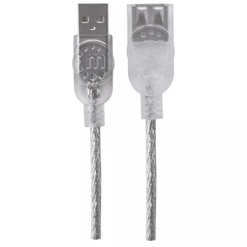 Manhattan Kabel przedłużający USB-A do USB-A, 1,8 m, męski na żeński, 480 Mb/s (USB 2.0), Hi-Speed USB, półprzezroczysty srebrny, dożywotnia gwarancja