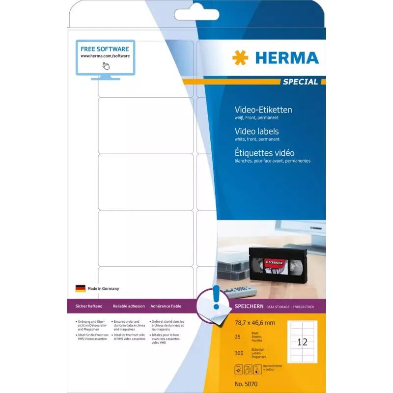 Samoprzylepne etykiety do drukarki HERMA Video labels A4 78.7x46.6 mm