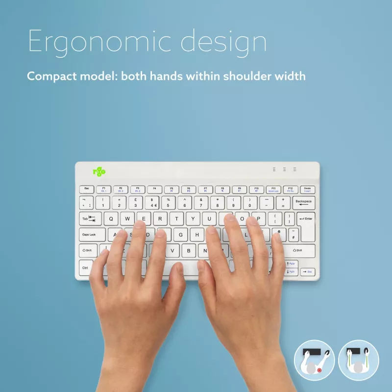 Ergonomiczna klawiatura R-Go Tools R-Go Compact Break, kompaktowa klawiatura z oprogramowaniem przypominającym o przerwach, QWERTY (UK), Bluetooth, biała