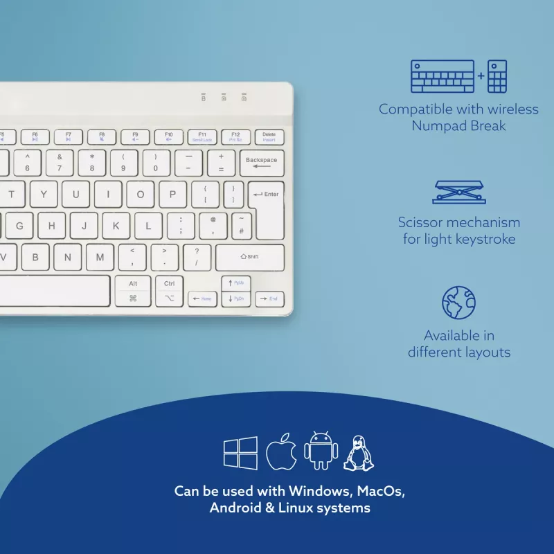 Ergonomiczna klawiatura R-Go Tools R-Go Compact Break, kompaktowa klawiatura z oprogramowaniem przypominającym o przerwach, QWERTY (UK), Bluetooth, biała