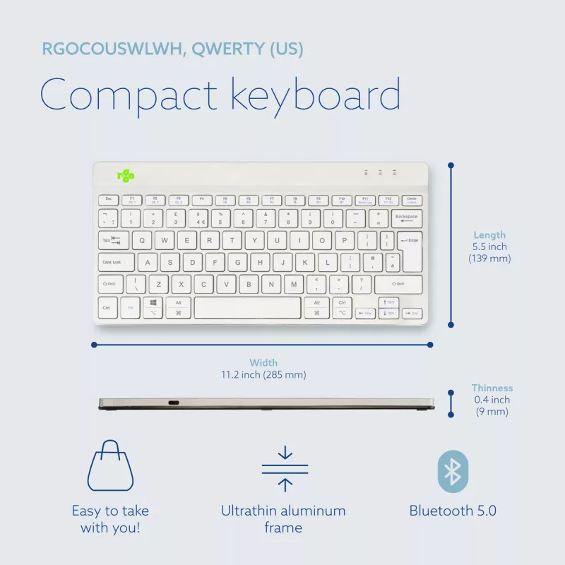 Ergonomiczna klawiatura R-Go Tools R-Go Compact Break, kompaktowa klawiatura z oprogramowaniem przypominającym o przerwach, QWERTY (UK), Bluetooth, biała