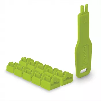 Lindy RJ45 Port Locks zielony, 10x + 1 Key, Blokada portu + klucz, RJ-45, Zielony, Akrylonitryl-butadien-styren (ABS), 10 szt., Torebka polietylenowa