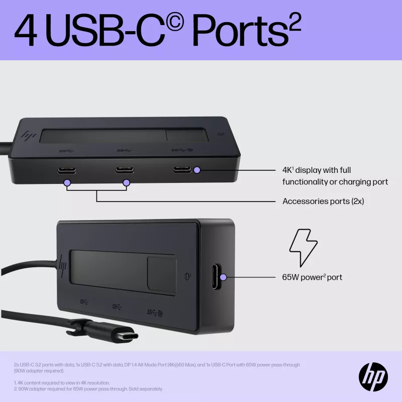 HP 4K USB-C Multiport Hub, USB Type-C, USB Type-C, 10000 Mbit/s, 3840 x 2160, czarny, 65 W